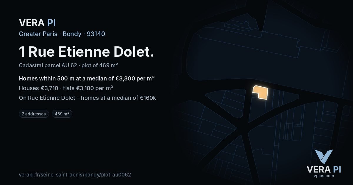 1 Rue Etienne Dolet, Bondy at night – the plot lit, the parcels around coloured by the prices near them