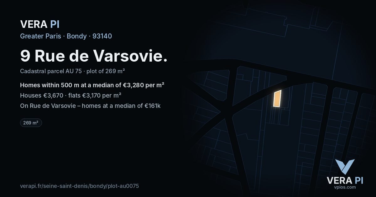 9 Rue de Varsovie, Bondy at night – the plot lit, the parcels around coloured by the prices near them