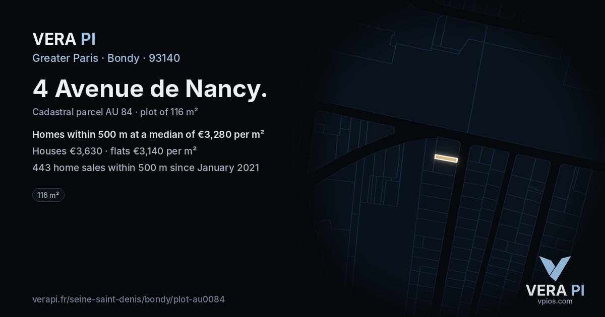 4 Avenue de Nancy, Bondy at night – the plot lit, the parcels around coloured by the prices near them