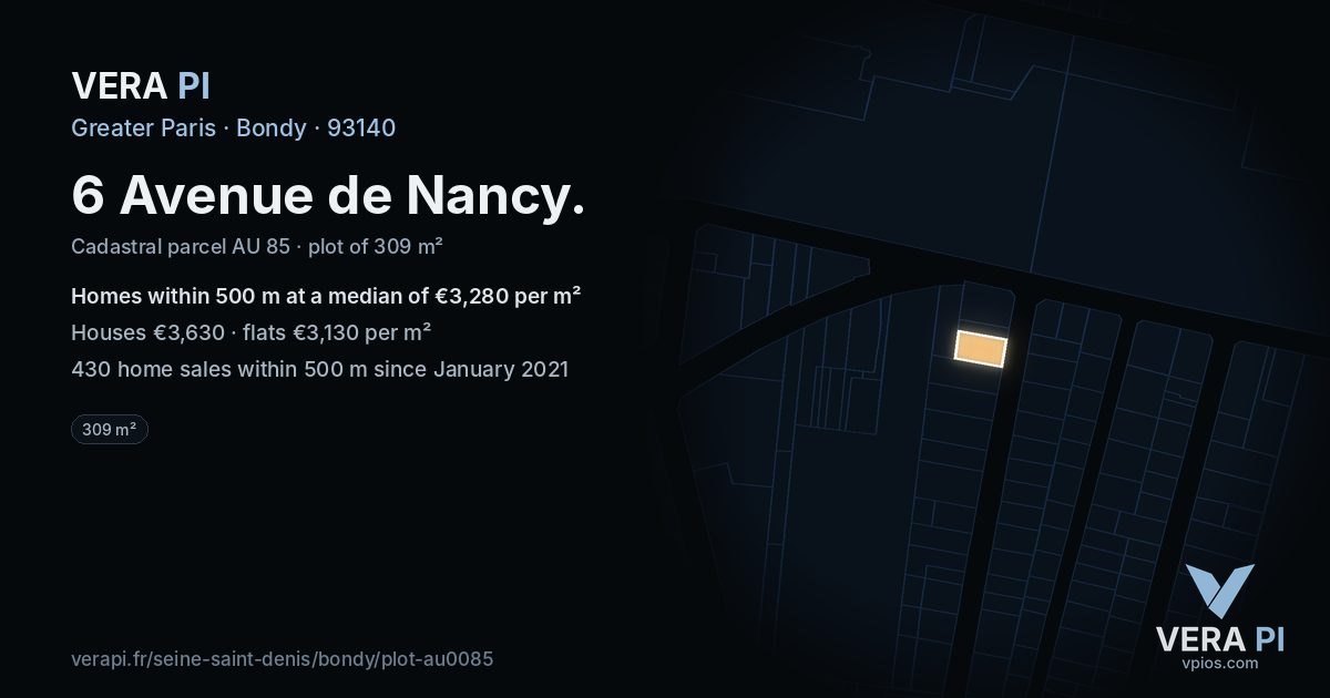 6 Avenue de Nancy, Bondy at night – the plot lit, the parcels around coloured by the prices near them