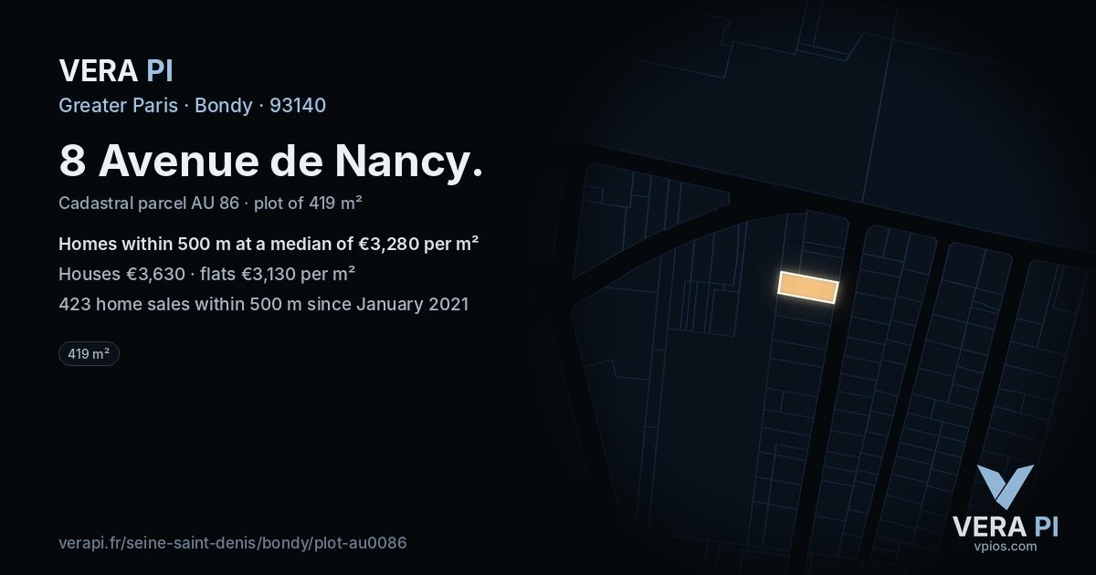 8 Avenue de Nancy, Bondy at night – the plot lit, the parcels around coloured by the prices near them