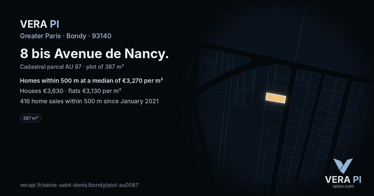 8 bis Avenue de Nancy, Bondy at night – the plot lit, the parcels around coloured by the prices near them
