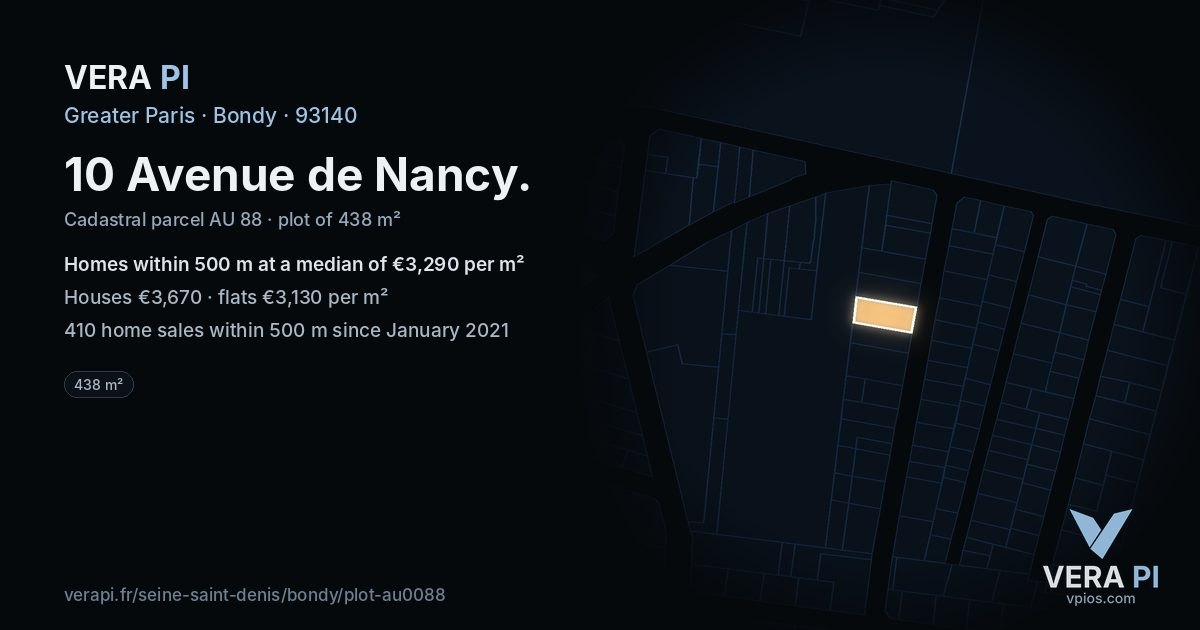 10 Avenue de Nancy, Bondy at night – the plot lit, the parcels around coloured by the prices near them