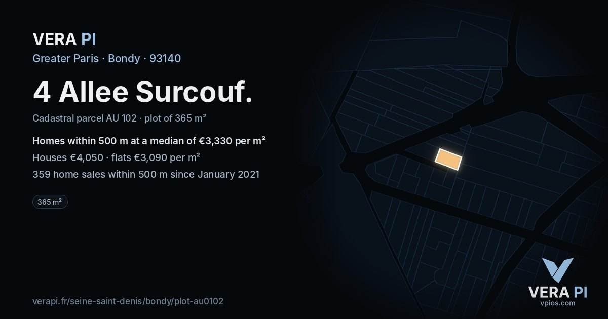 4 Allee Surcouf, Bondy at night – the plot lit, the parcels around coloured by the prices near them