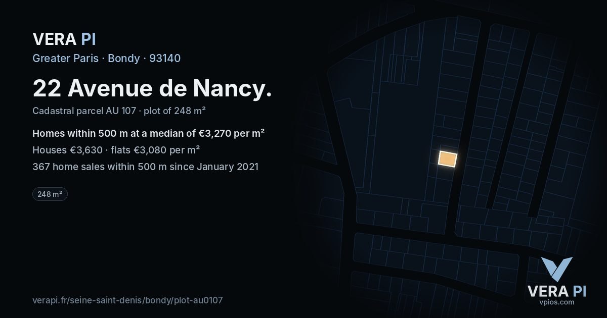 22 Avenue de Nancy, Bondy at night – the plot lit, the parcels around coloured by the prices near them