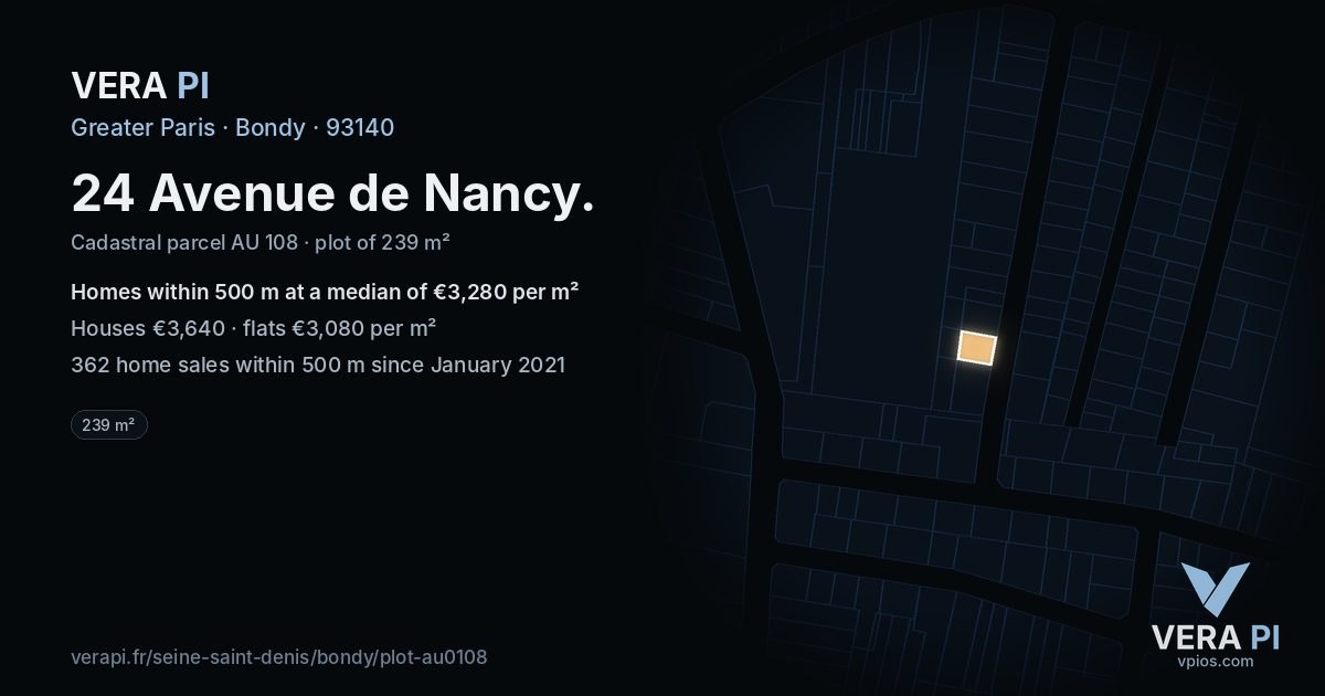 24 Avenue de Nancy, Bondy at night – the plot lit, the parcels around coloured by the prices near them