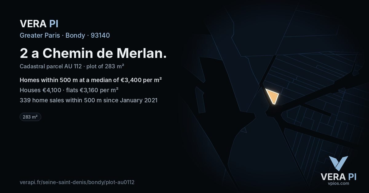 2 a Chemin de Merlan, Bondy at night – the plot lit, the parcels around coloured by the prices near them