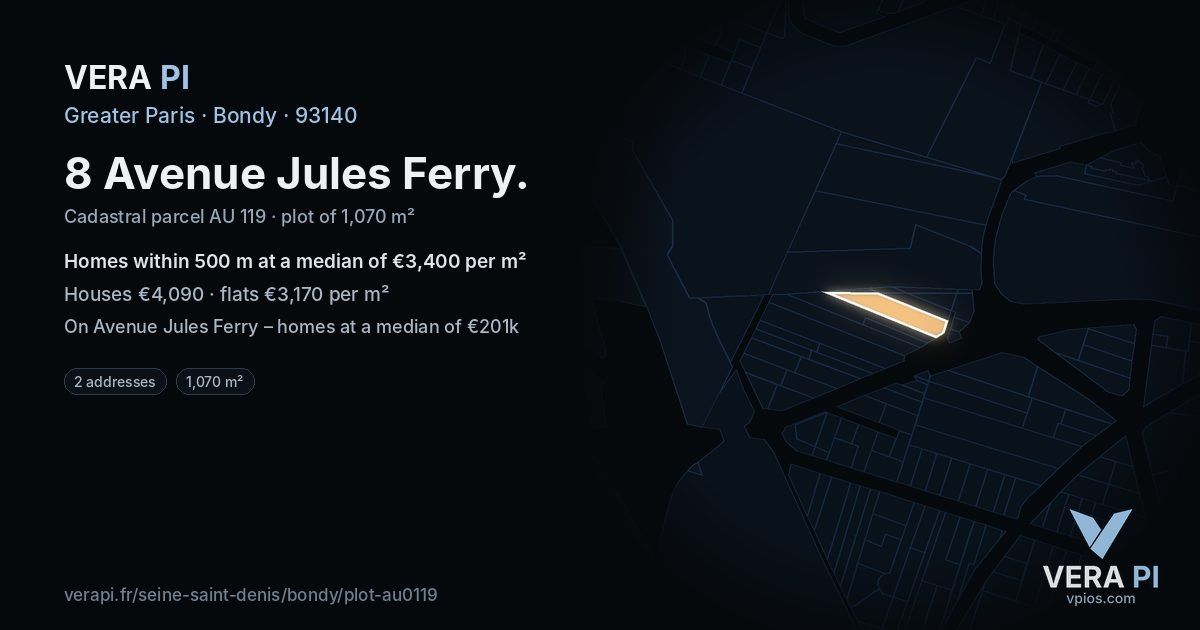 8 Avenue Jules Ferry, Bondy at night – the plot lit, the parcels around coloured by the prices near them