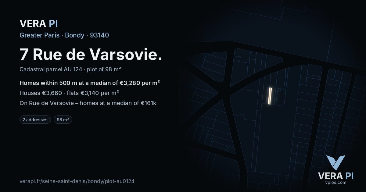 7 Rue de Varsovie, Bondy at night – the plot lit, the parcels around coloured by the prices near them