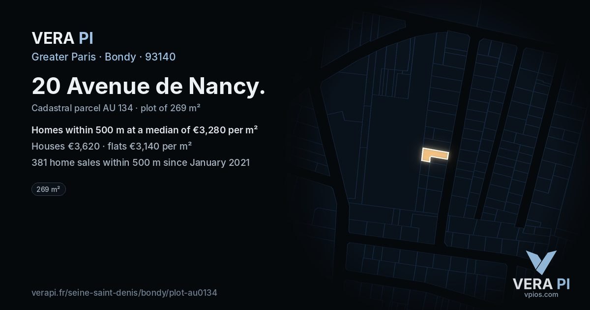20 Avenue de Nancy, Bondy at night – the plot lit, the parcels around coloured by the prices near them