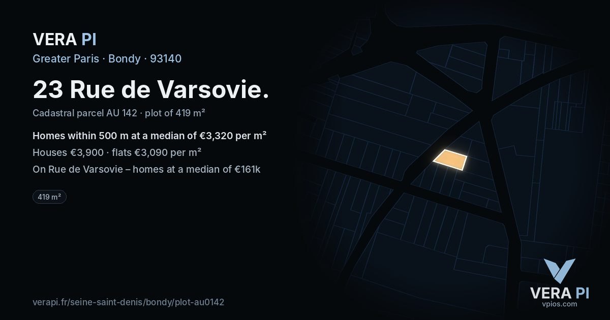 23 Rue de Varsovie, Bondy at night – the plot lit, the parcels around coloured by the prices near them