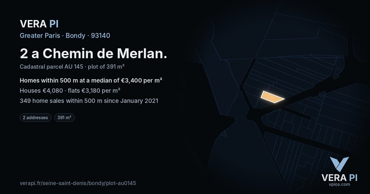 2 a Chemin de Merlan, Bondy at night – the plot lit, the parcels around coloured by the prices near them
