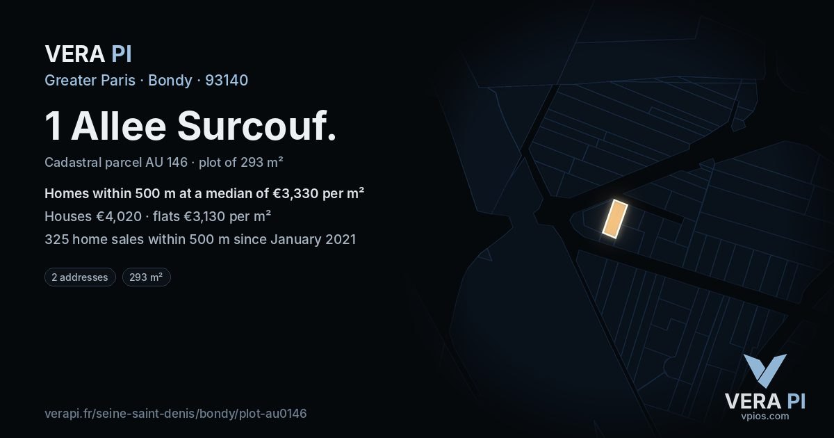 1 Allee Surcouf, Bondy at night – the plot lit, the parcels around coloured by the prices near them
