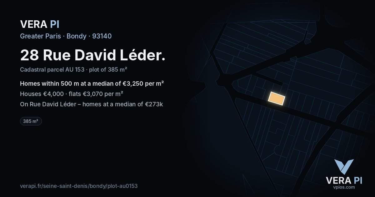 28 Rue David Léder, Bondy at night – the plot lit, the parcels around coloured by the prices near them