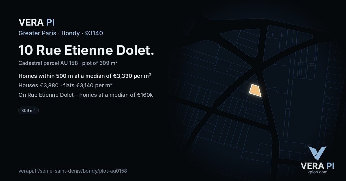 10 Rue Etienne Dolet, Bondy at night – the plot lit, the parcels around coloured by the prices near them