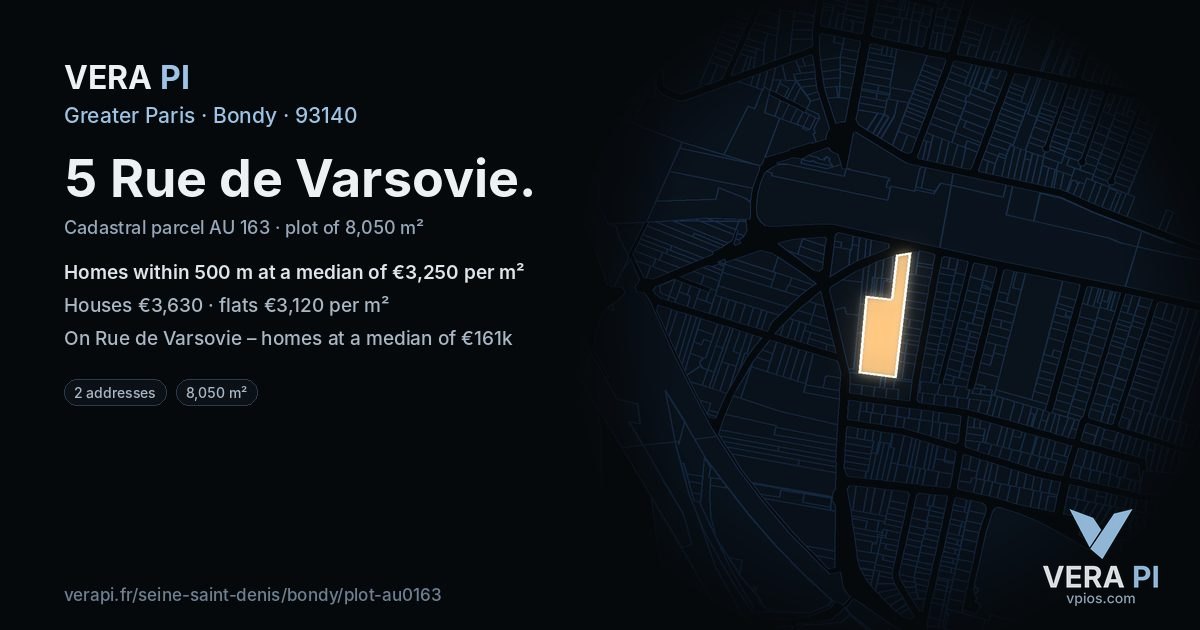 5 Rue de Varsovie, Bondy at night – the plot lit, the parcels around coloured by the prices near them