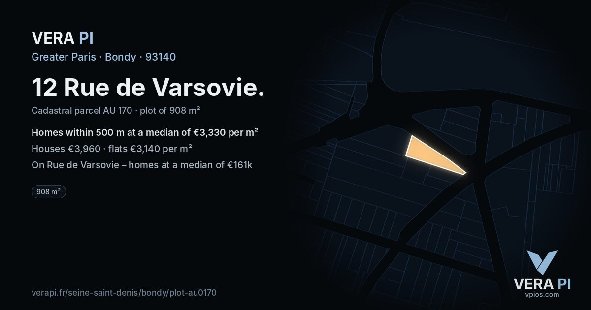 12 Rue de Varsovie, Bondy at night – the plot lit, the parcels around coloured by the prices near them