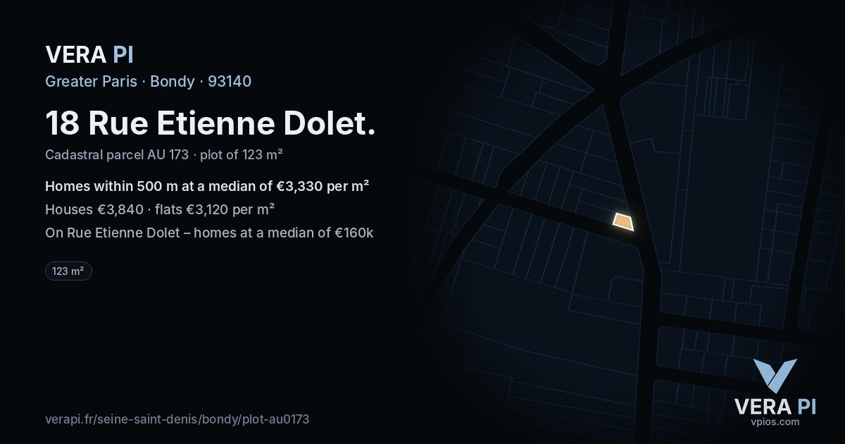 18 Rue Etienne Dolet, Bondy at night – the plot lit, the parcels around coloured by the prices near them