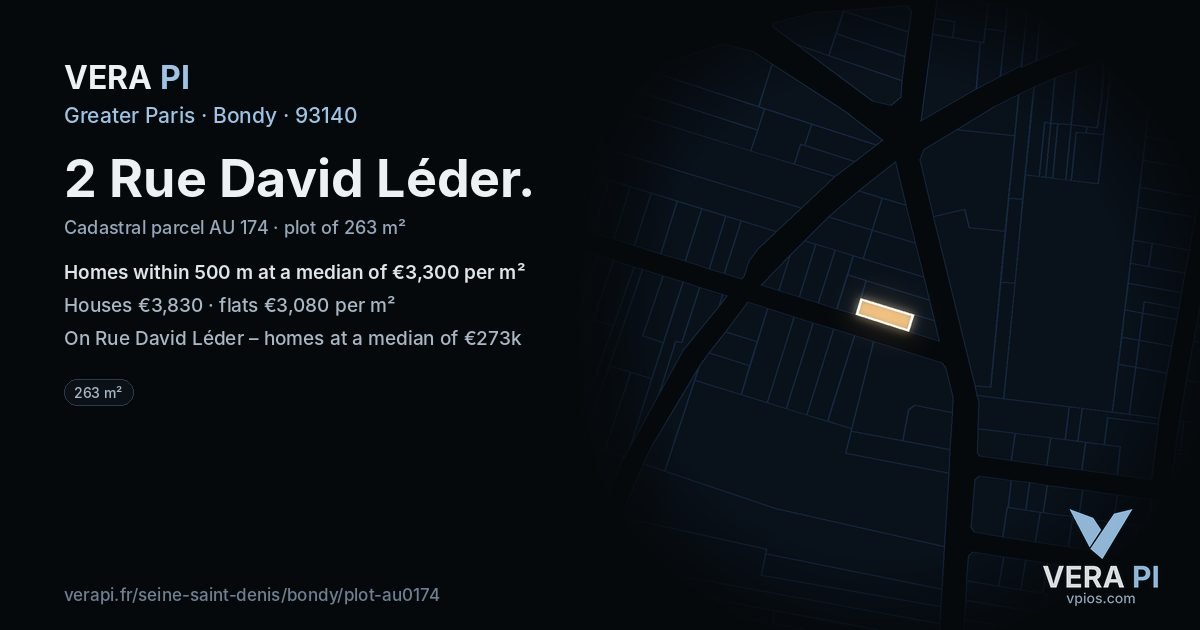 2 Rue David Léder, Bondy at night – the plot lit, the parcels around coloured by the prices near them