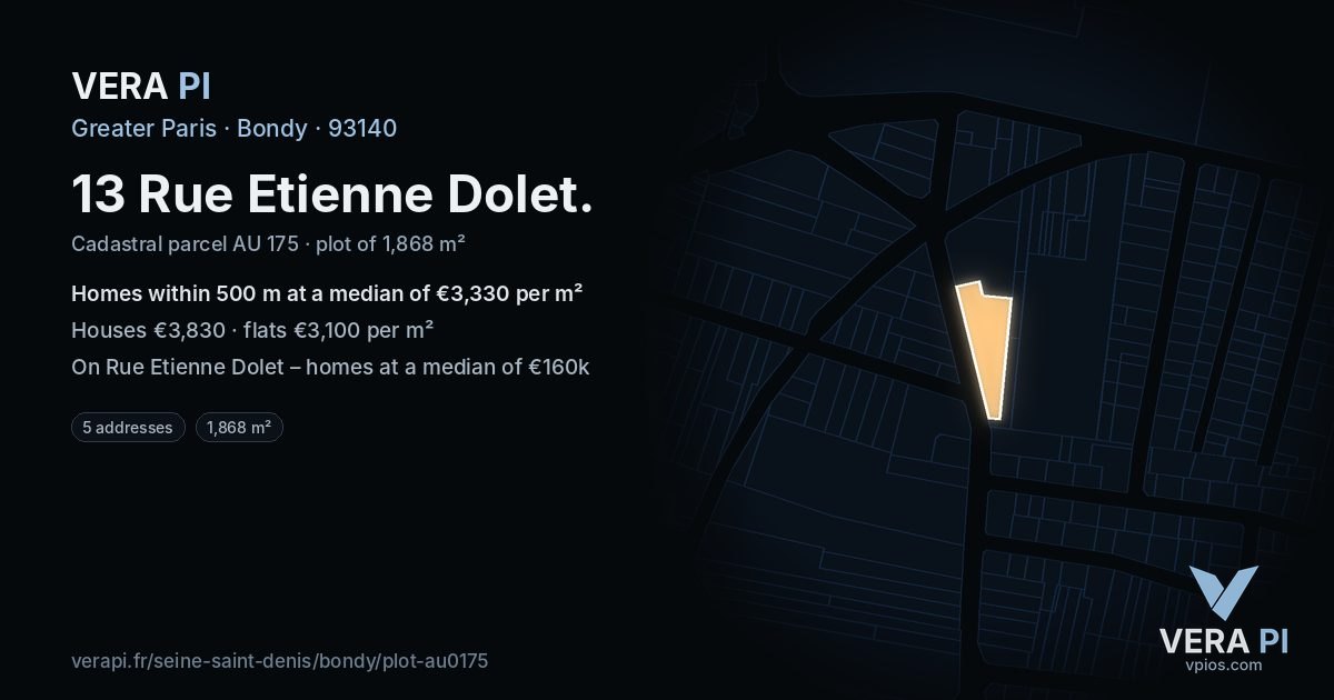 13 Rue Etienne Dolet, Bondy at night – the plot lit, the parcels around coloured by the prices near them