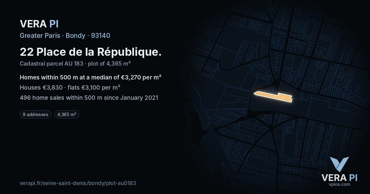 22 Place de la République, Bondy at night – the plot lit, the parcels around coloured by the prices near them