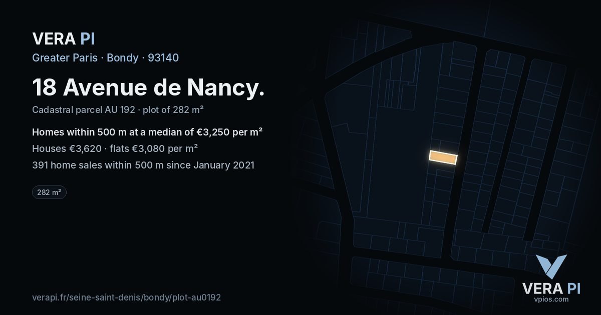 18 Avenue de Nancy, Bondy at night – the plot lit, the parcels around coloured by the prices near them
