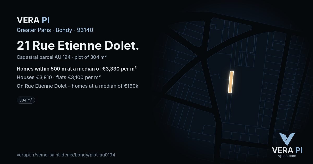 21 Rue Etienne Dolet, Bondy at night – the plot lit, the parcels around coloured by the prices near them