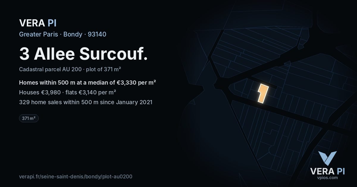 3 Allee Surcouf, Bondy at night – the plot lit, the parcels around coloured by the prices near them