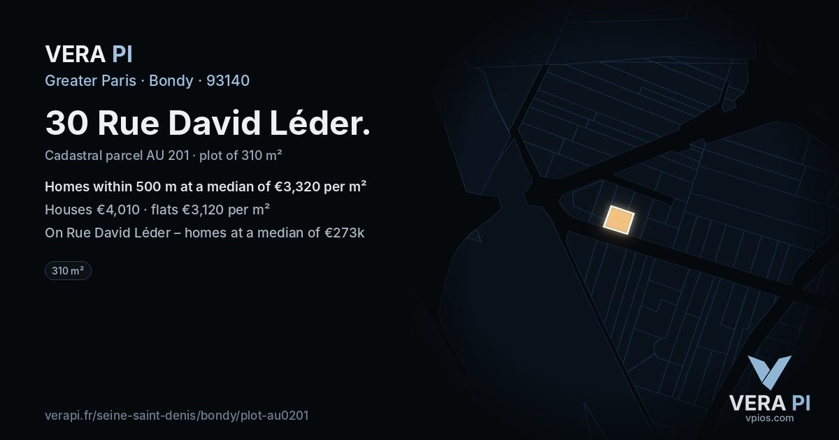 30 Rue David Léder, Bondy at night – the plot lit, the parcels around coloured by the prices near them