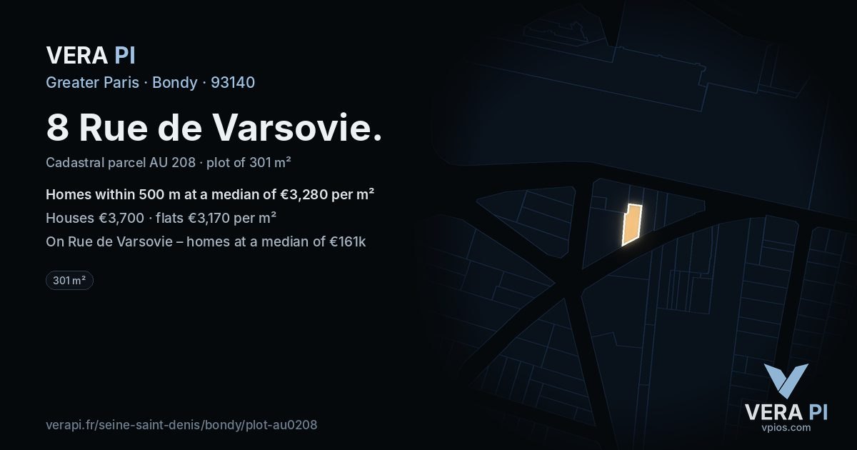 8 Rue de Varsovie, Bondy at night – the plot lit, the parcels around coloured by the prices near them