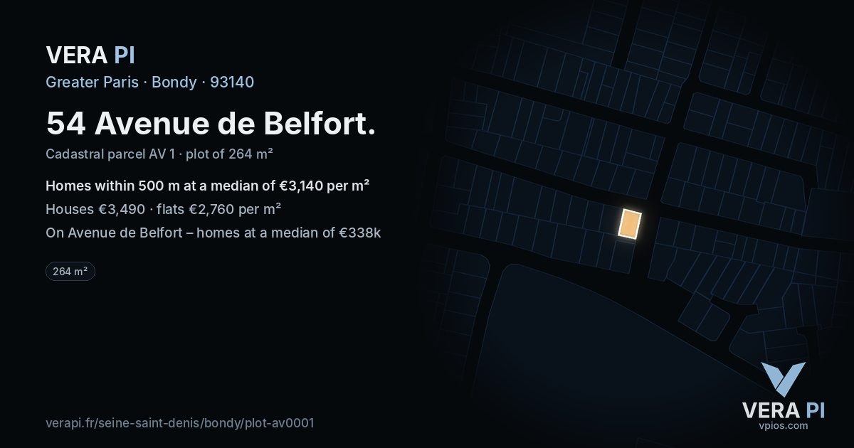 54 Avenue de Belfort, Bondy at night – the plot lit, the parcels around coloured by the prices near them