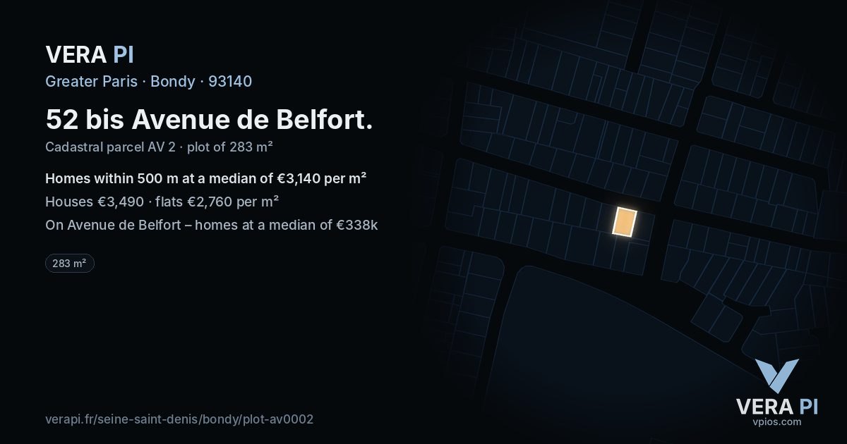 52 bis Avenue de Belfort, Bondy at night – the plot lit, the parcels around coloured by the prices near them