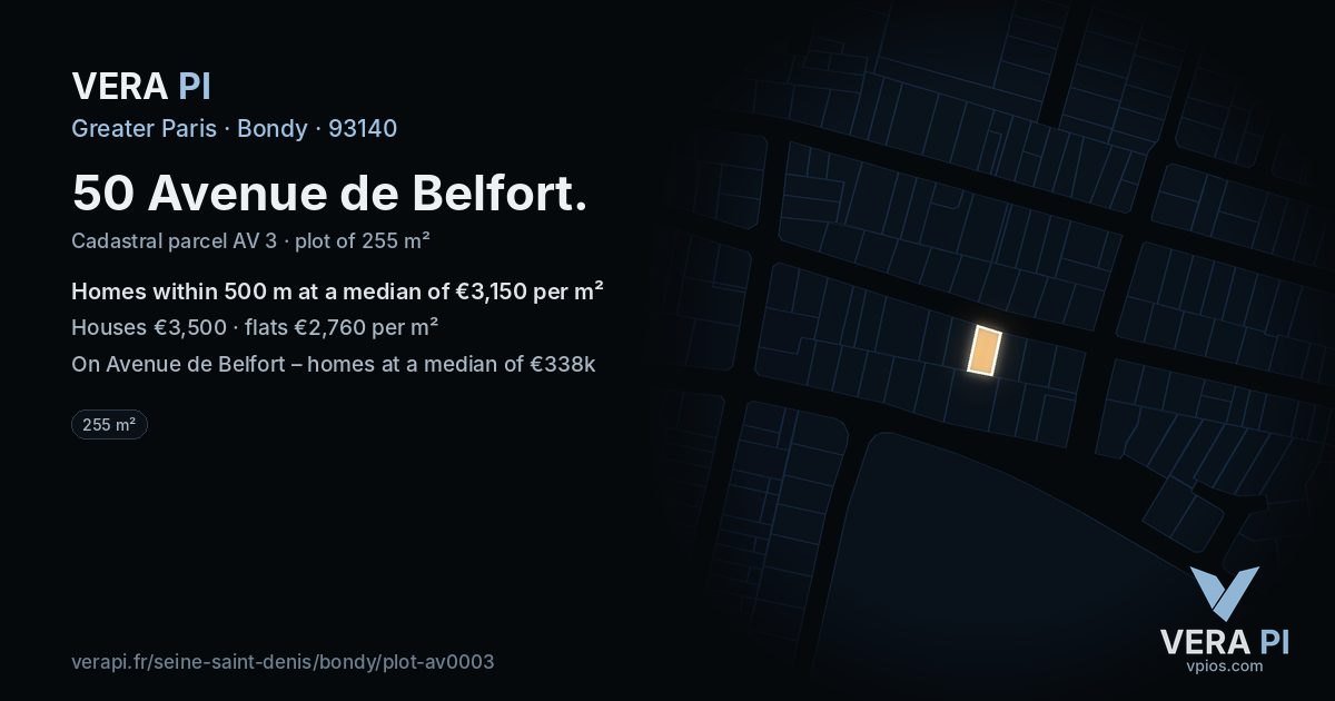 50 Avenue de Belfort, Bondy at night – the plot lit, the parcels around coloured by the prices near them