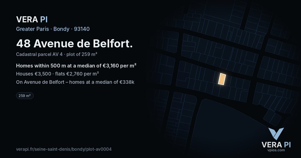 48 Avenue de Belfort, Bondy at night – the plot lit, the parcels around coloured by the prices near them
