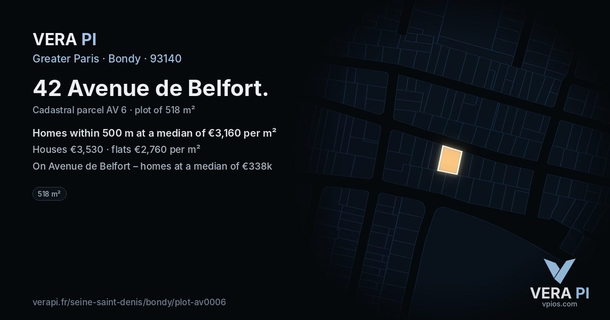 42 Avenue de Belfort, Bondy at night – the plot lit, the parcels around coloured by the prices near them