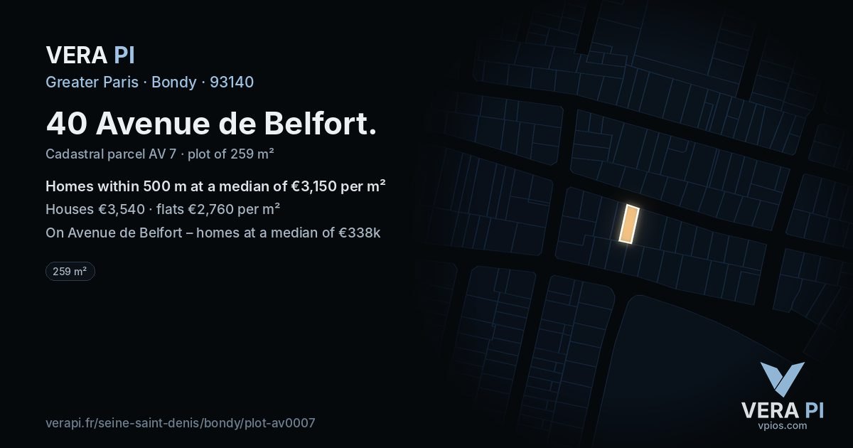 40 Avenue de Belfort, Bondy at night – the plot lit, the parcels around coloured by the prices near them