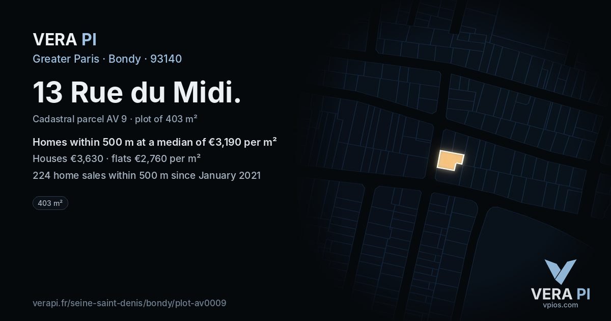 13 Rue du Midi, Bondy at night – the plot lit, the parcels around coloured by the prices near them