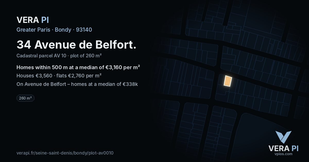 34 Avenue de Belfort, Bondy at night – the plot lit, the parcels around coloured by the prices near them