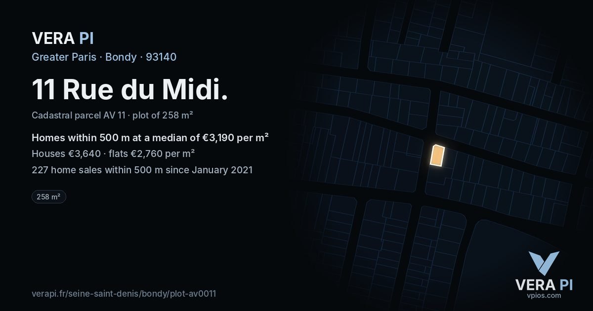 11 Rue du Midi, Bondy at night – the plot lit, the parcels around coloured by the prices near them