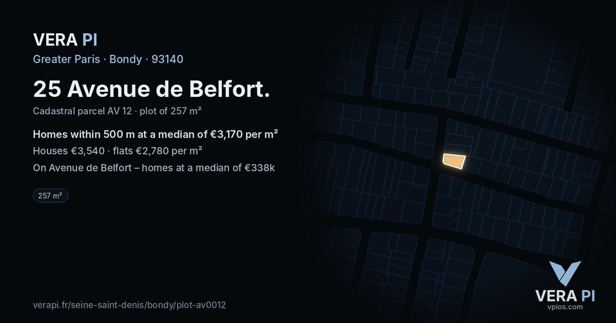 25 Avenue de Belfort, Bondy at night – the plot lit, the parcels around coloured by the prices near them