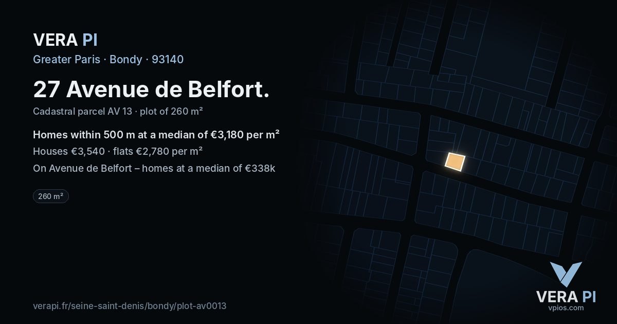 27 Avenue de Belfort, Bondy at night – the plot lit, the parcels around coloured by the prices near them