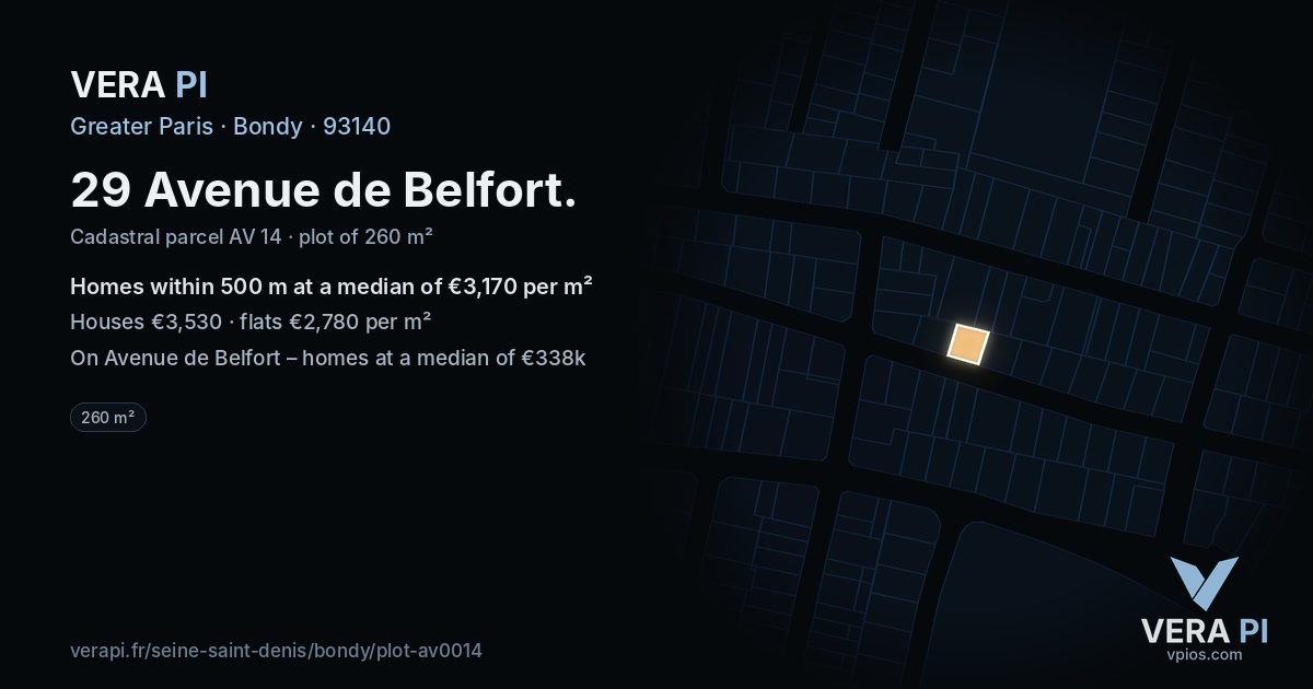 29 Avenue de Belfort, Bondy at night – the plot lit, the parcels around coloured by the prices near them