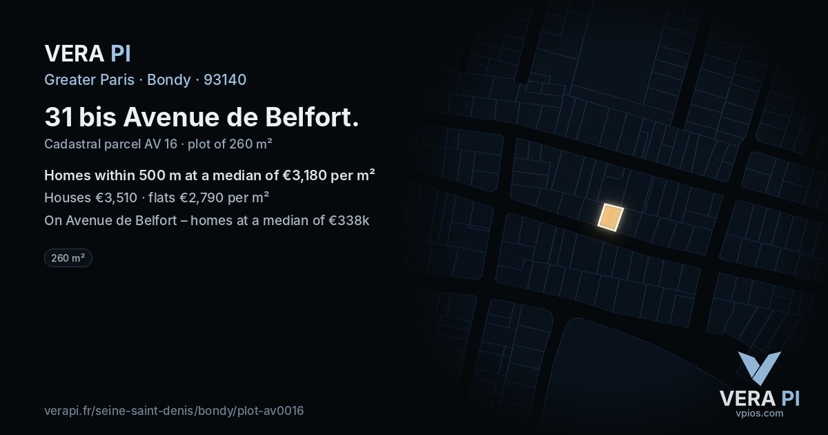 31 bis Avenue de Belfort, Bondy at night – the plot lit, the parcels around coloured by the prices near them