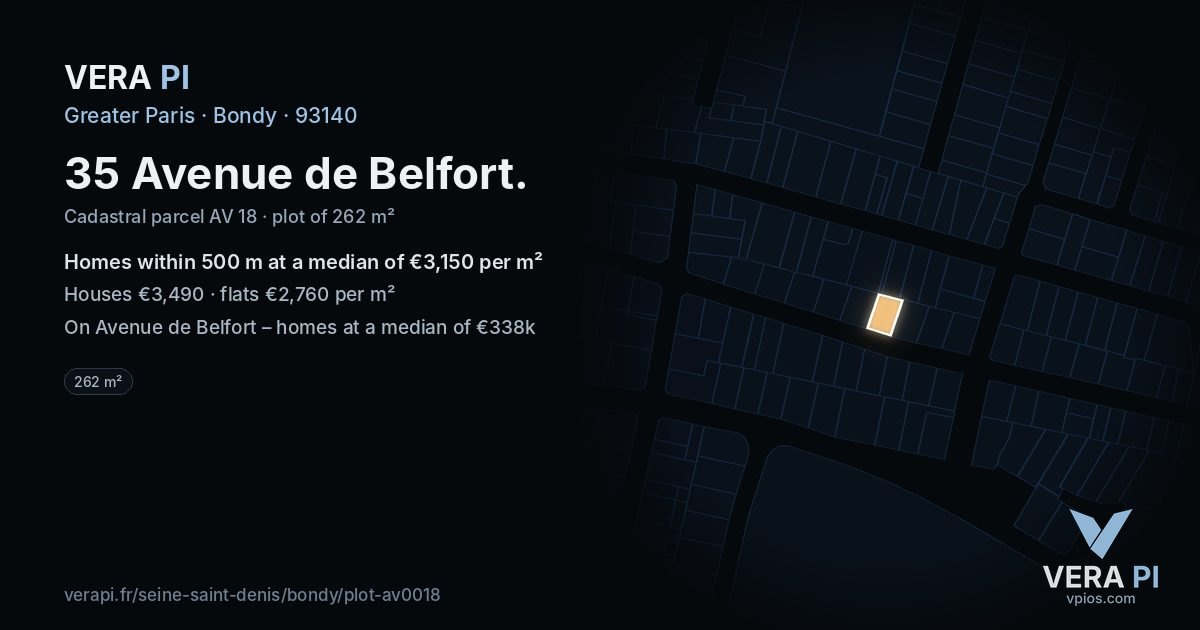 35 Avenue de Belfort, Bondy at night – the plot lit, the parcels around coloured by the prices near them