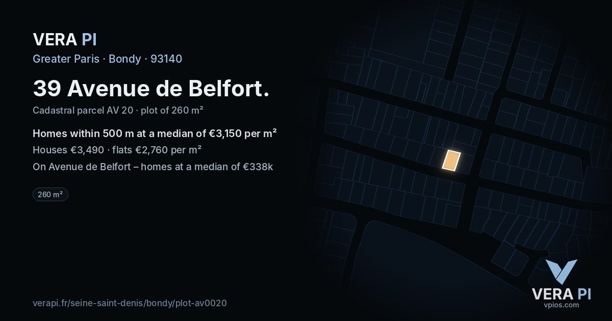 39 Avenue de Belfort, Bondy at night – the plot lit, the parcels around coloured by the prices near them
