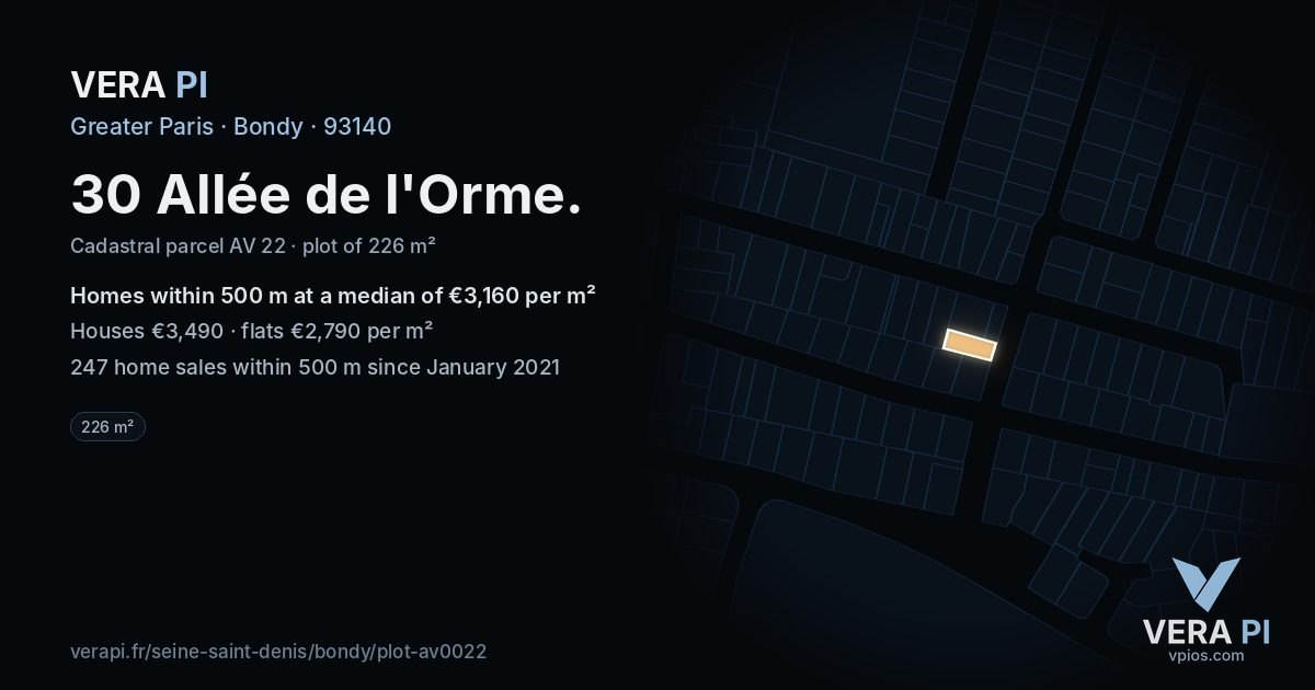 30 Allée de l'Orme, Bondy at night – the plot lit, the parcels around coloured by the prices near them