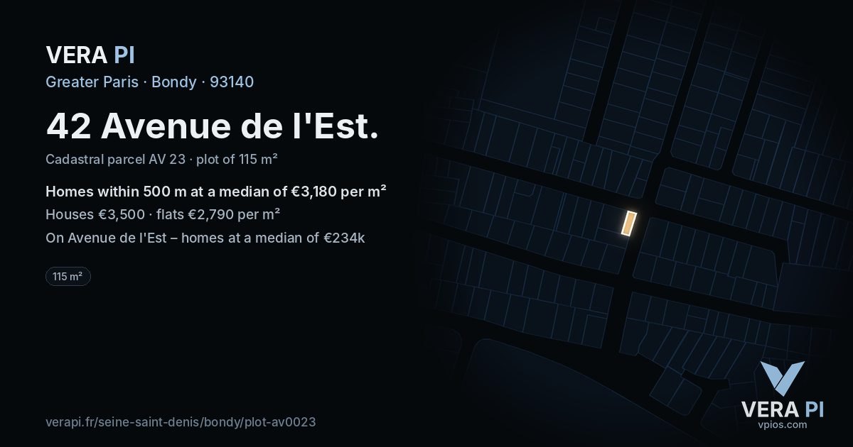 42 Avenue de l'Est, Bondy at night – the plot lit, the parcels around coloured by the prices near them