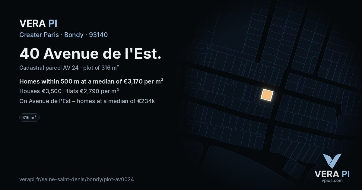 40 Avenue de l'Est, Bondy at night – the plot lit, the parcels around coloured by the prices near them