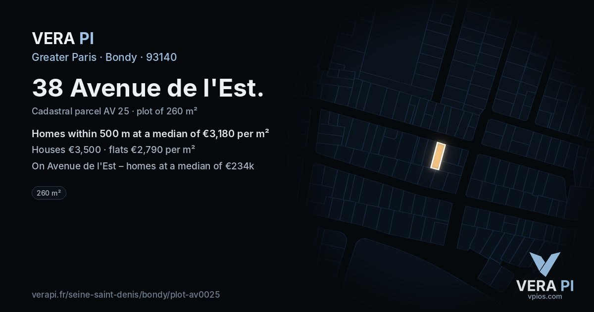 38 Avenue de l'Est, Bondy at night – the plot lit, the parcels around coloured by the prices near them