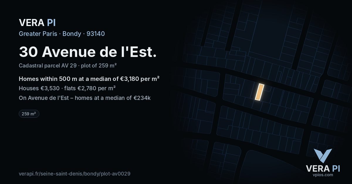 30 Avenue de l'Est, Bondy at night – the plot lit, the parcels around coloured by the prices near them